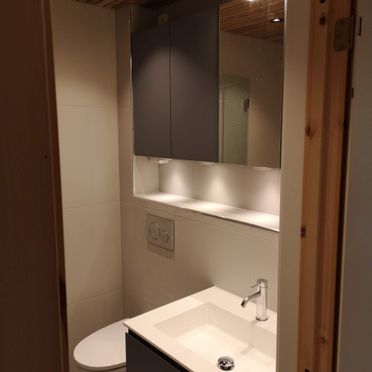 Baderom med speilskap med lys, vaskeservant og toalett